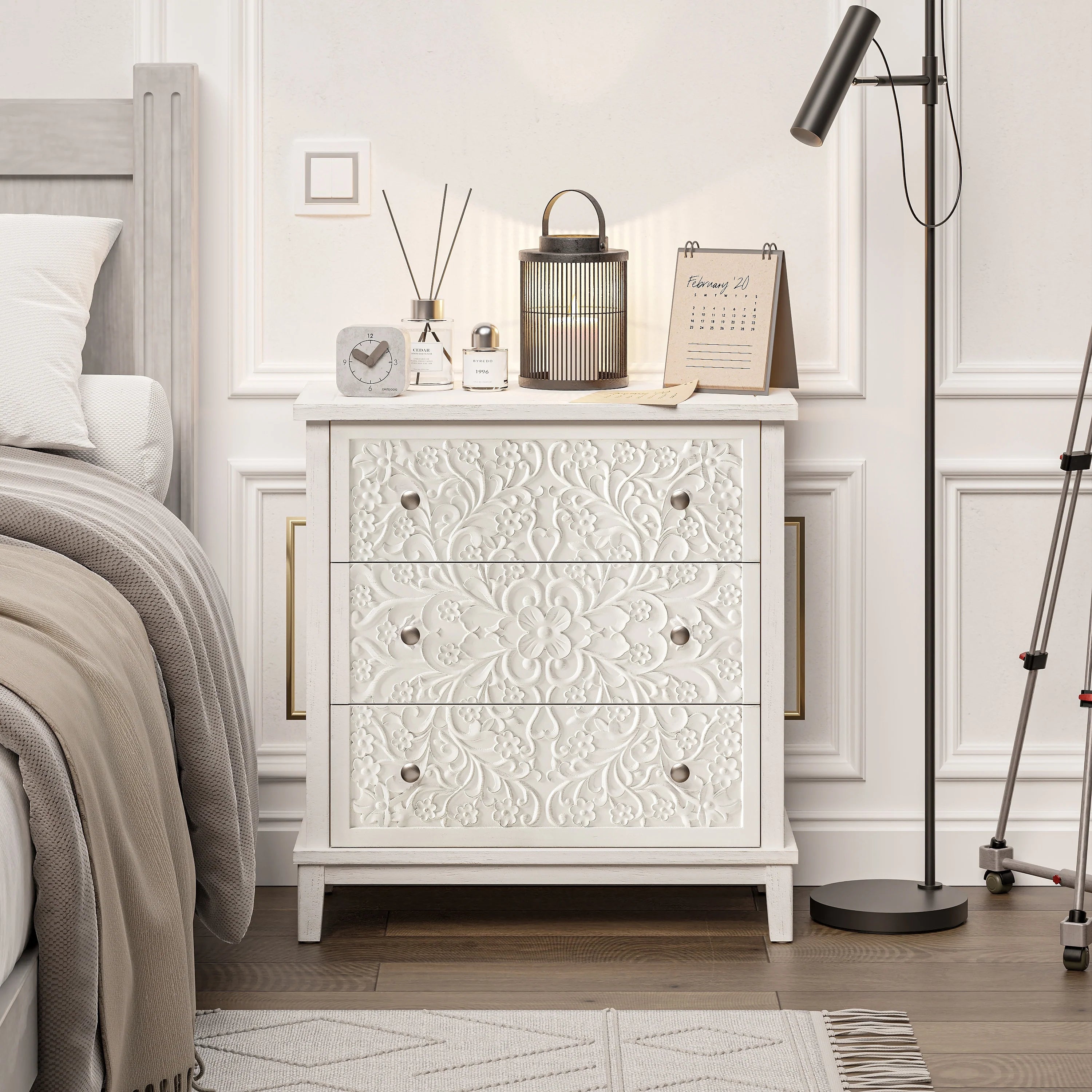 COZAYH Farmhouse Fully-Assembled Nightstand with 2-Drawer, Flower Motif End Table for Small Spaces, French Country