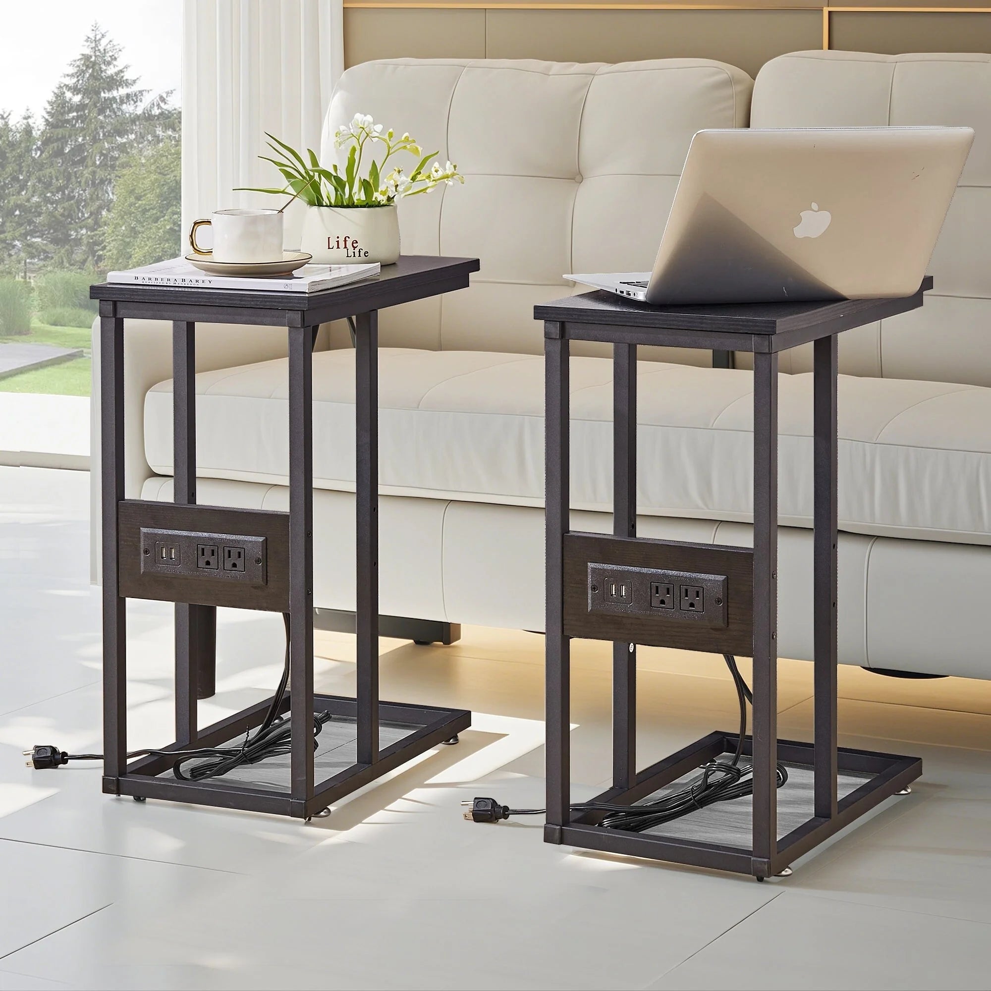 Javlergo Set of 2 C-Shaped Sofa Side Table, Small End Table for Living Room, Narrow Bedside/TV Tray Table