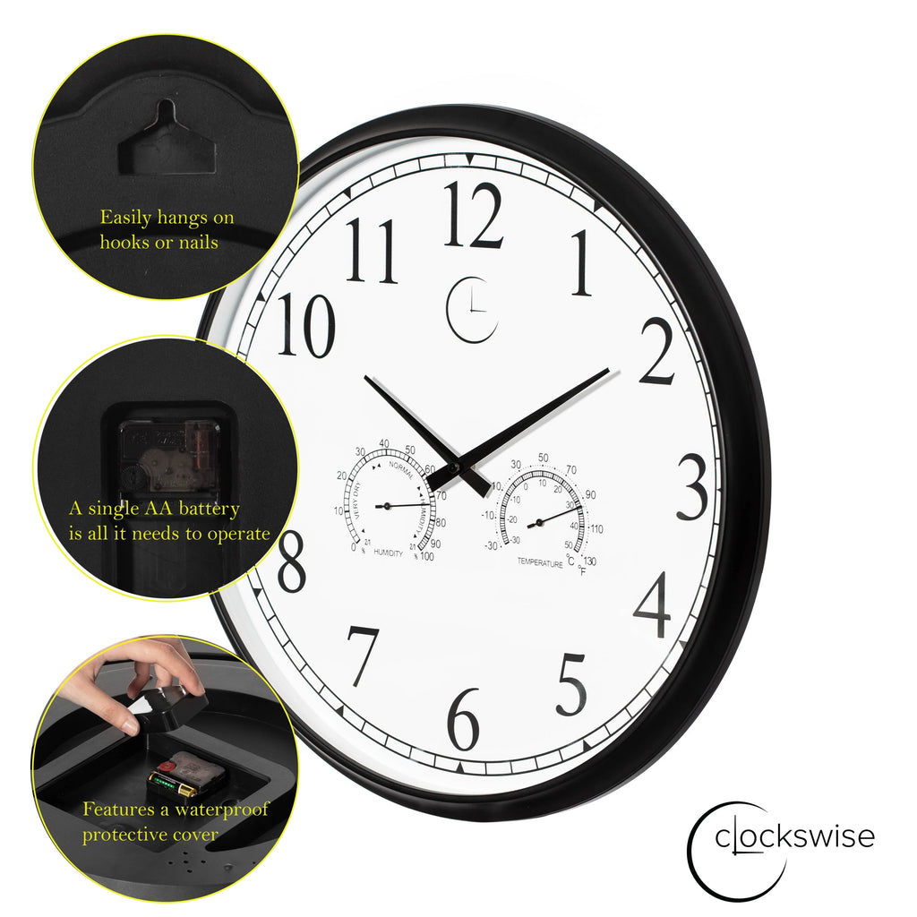 Large Outdoor Wall Clock Thermometer Combo, Waterproof Silent Garden Weather Station Home Indoor Patio Pool Black