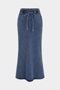 Denim Belted High Slit Skirt