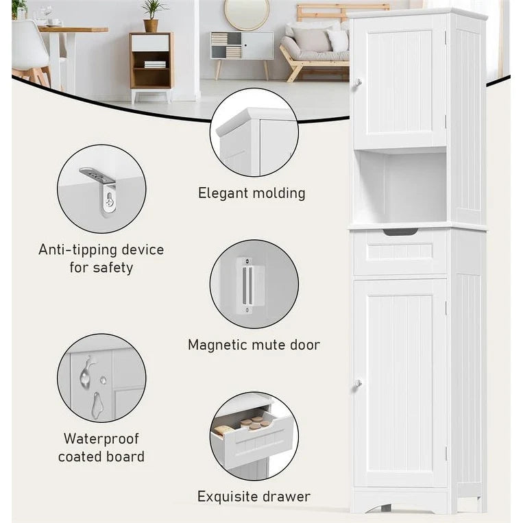 67'' Tall Bathroom Narrow Linen Cabinet, 5 Tiers Solid Wood Freestanding Storage Cabinet