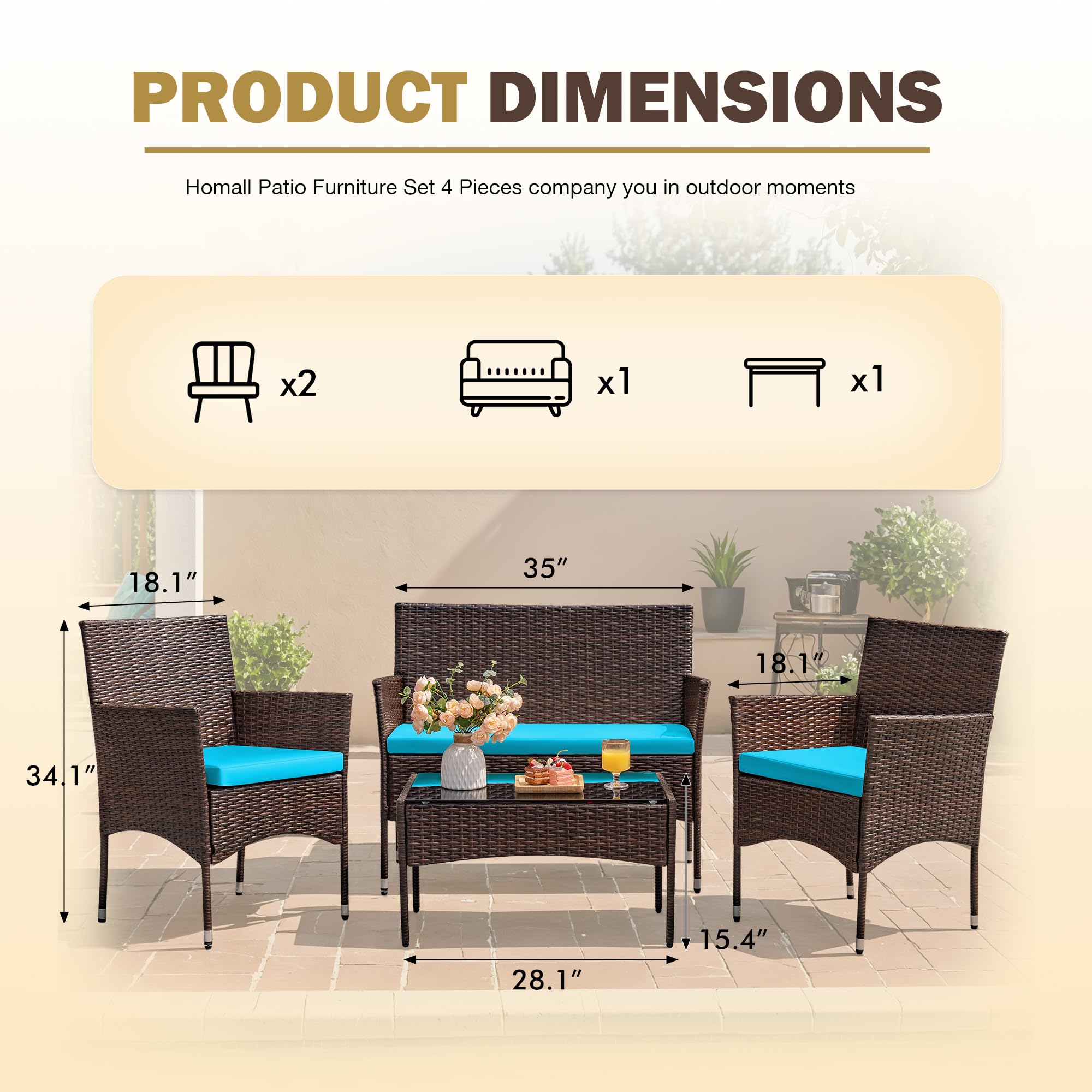 Homall 4 Pieces Outdoor Patio Furniture Sets Rattan Chair Wicker Set