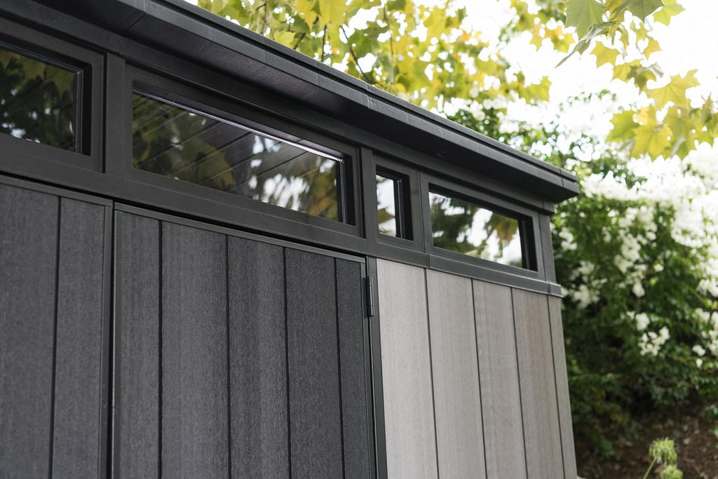 11x7 Modern Resin Outdoor Storage Shed Kit-Perfect to Store Patio Furniture, Garden Tools Bike Accessories, Beach Chairs and Lawn Mower, Grey & Black