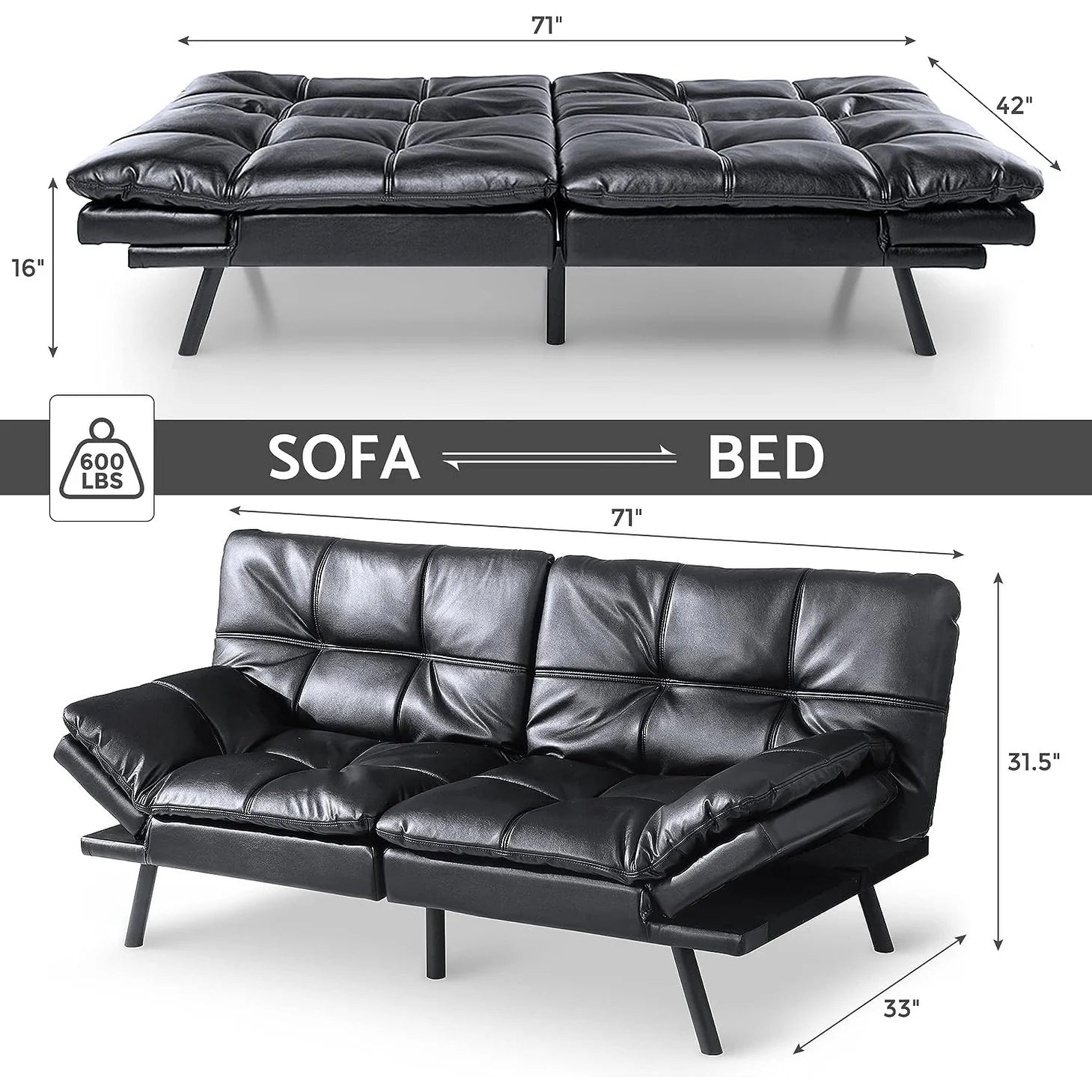 Futon Sofa Bed, Memory Foam Foldable Couch Convertible Loveseat Sleeper Daybed with Adjustable Armrests for Small Space