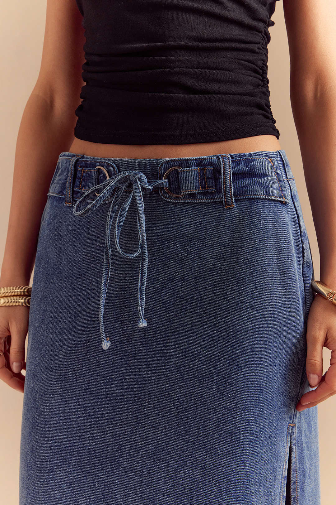Denim Belted High Slit Skirt