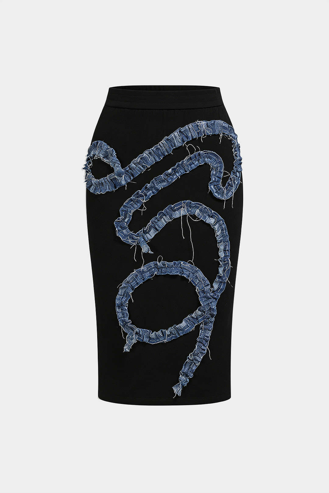Patchwork Denim Ruched Asymmetrical Skirt