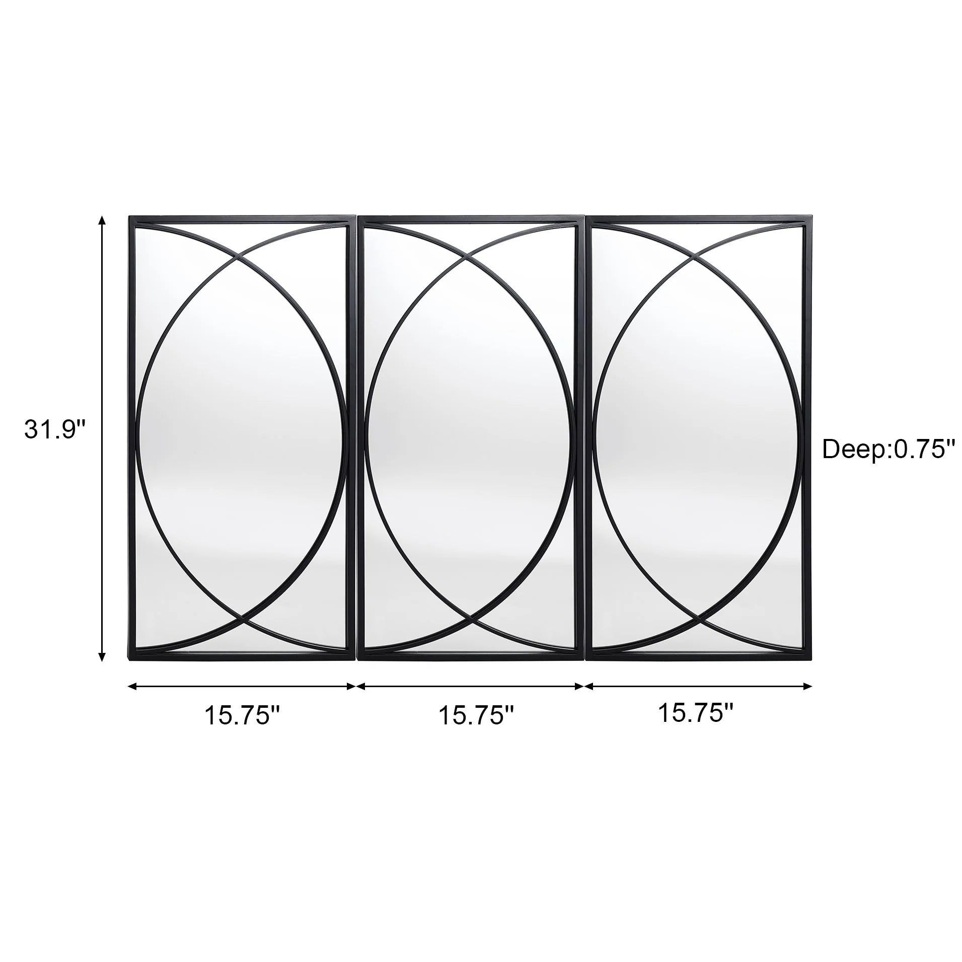 3-Piece Black Metal Rectangular Wall Mirror Set - 31.9 H x 15.75 W x 0.75 D