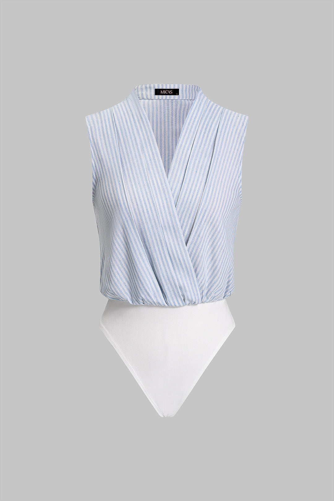 Stripes Print V-Neck Ruched Sleeveless Bodysuit