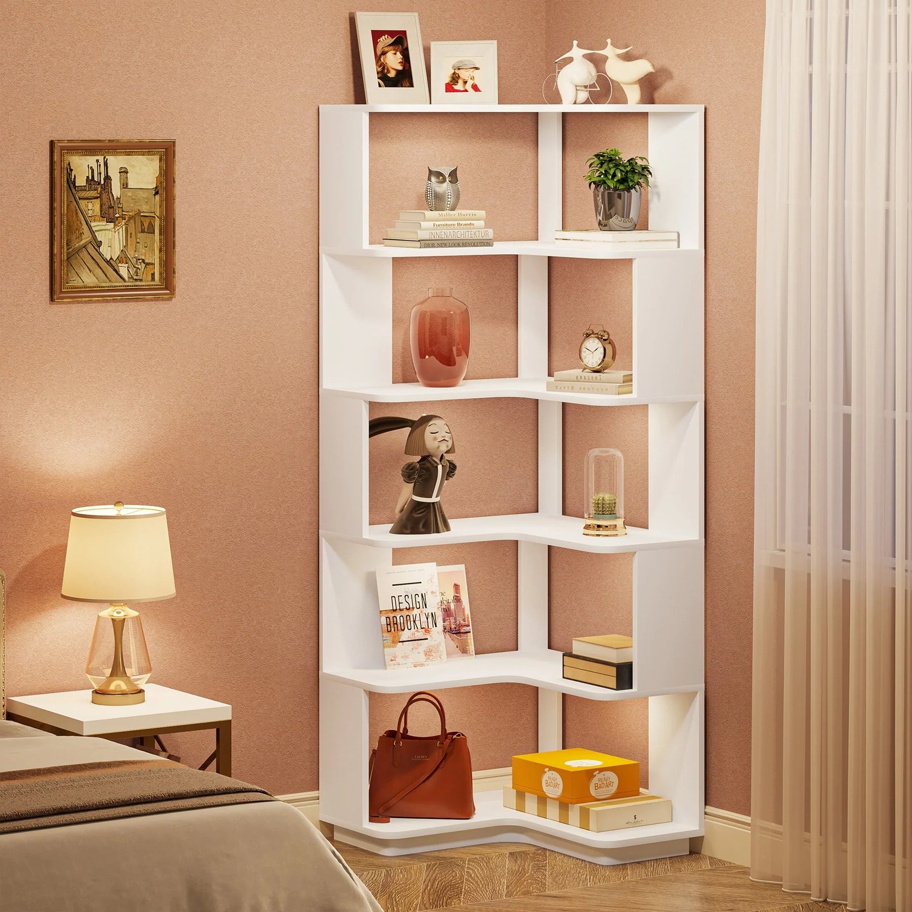 6-Tier Corner Book Shelf, 64.9Tall Freestanding Wood Industrial Bookcase Bookshelf
