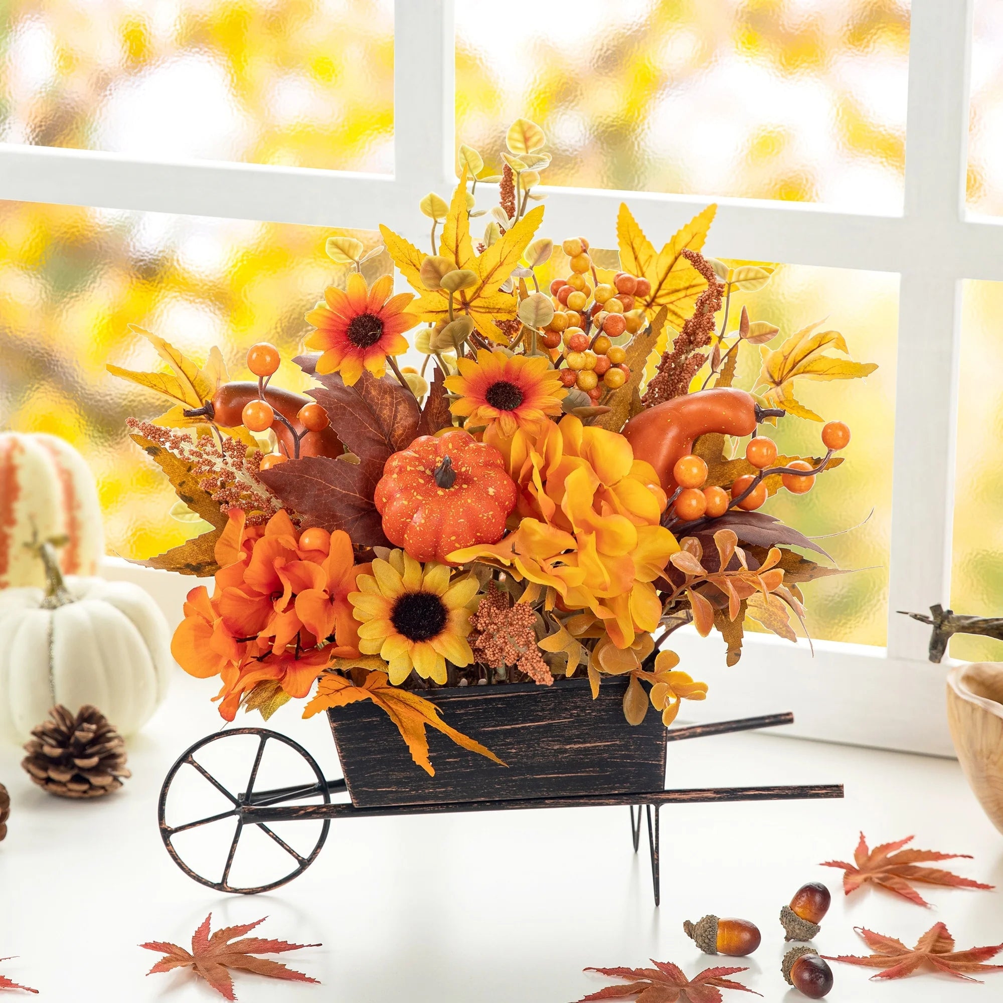 Glitzhome 14L Fall Unique Floral Cart / Multi-Colored Sorghum Cart Centerpiece Thanksgiving Table Decor