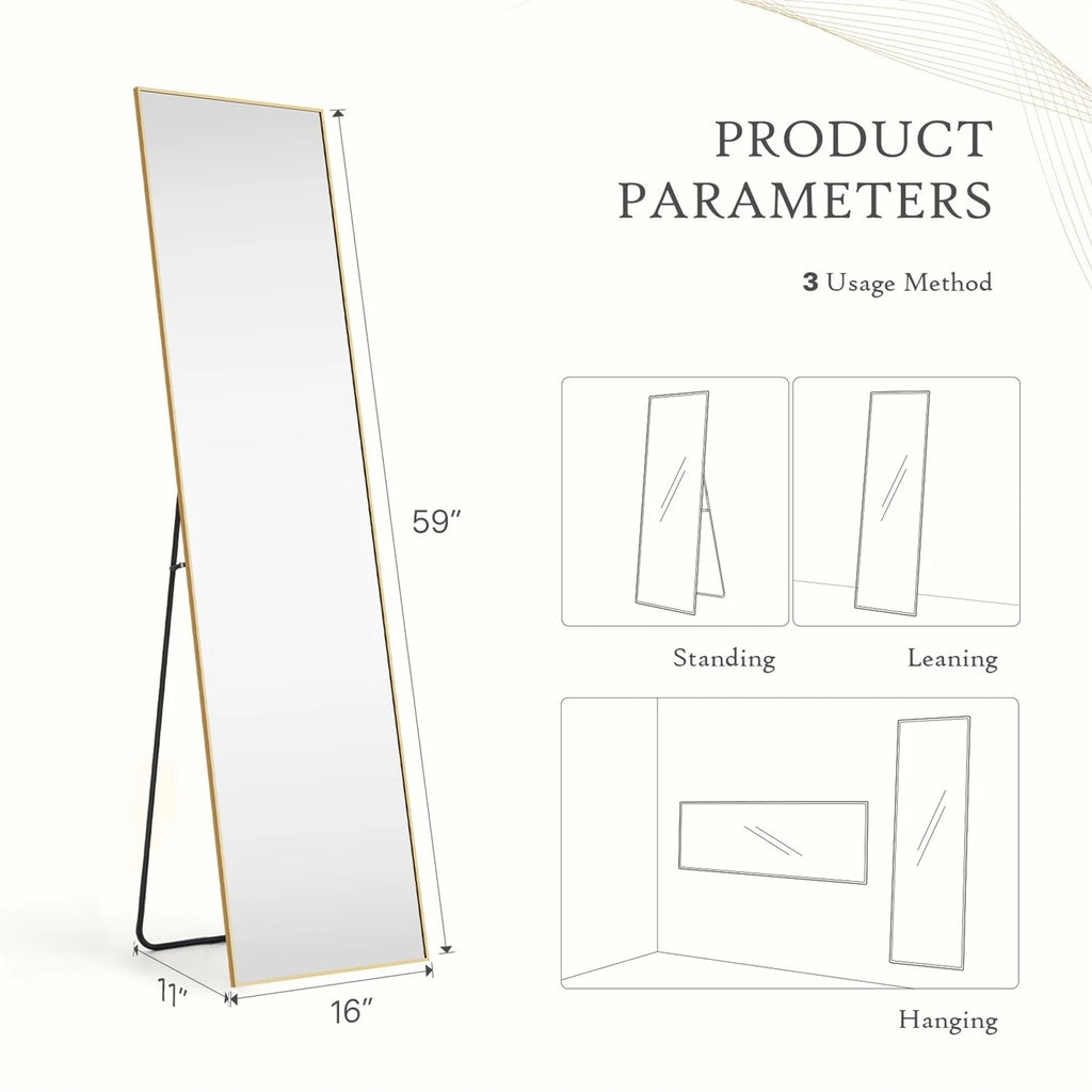 Full Length Mirror with Stand, Floor Mirror with Aluminum Alloy Frame for Bedroom, Standing Full Body Mirror for Wall, Cloakroom