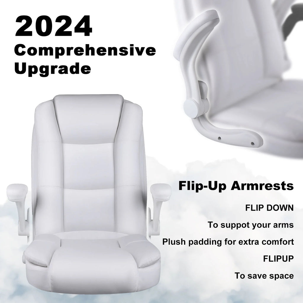 BOSSIN Big and Tall Office Chair Ergonomic High Back Computer Adjustable Height Leather Executive Chair with Padded Flip-up Arms