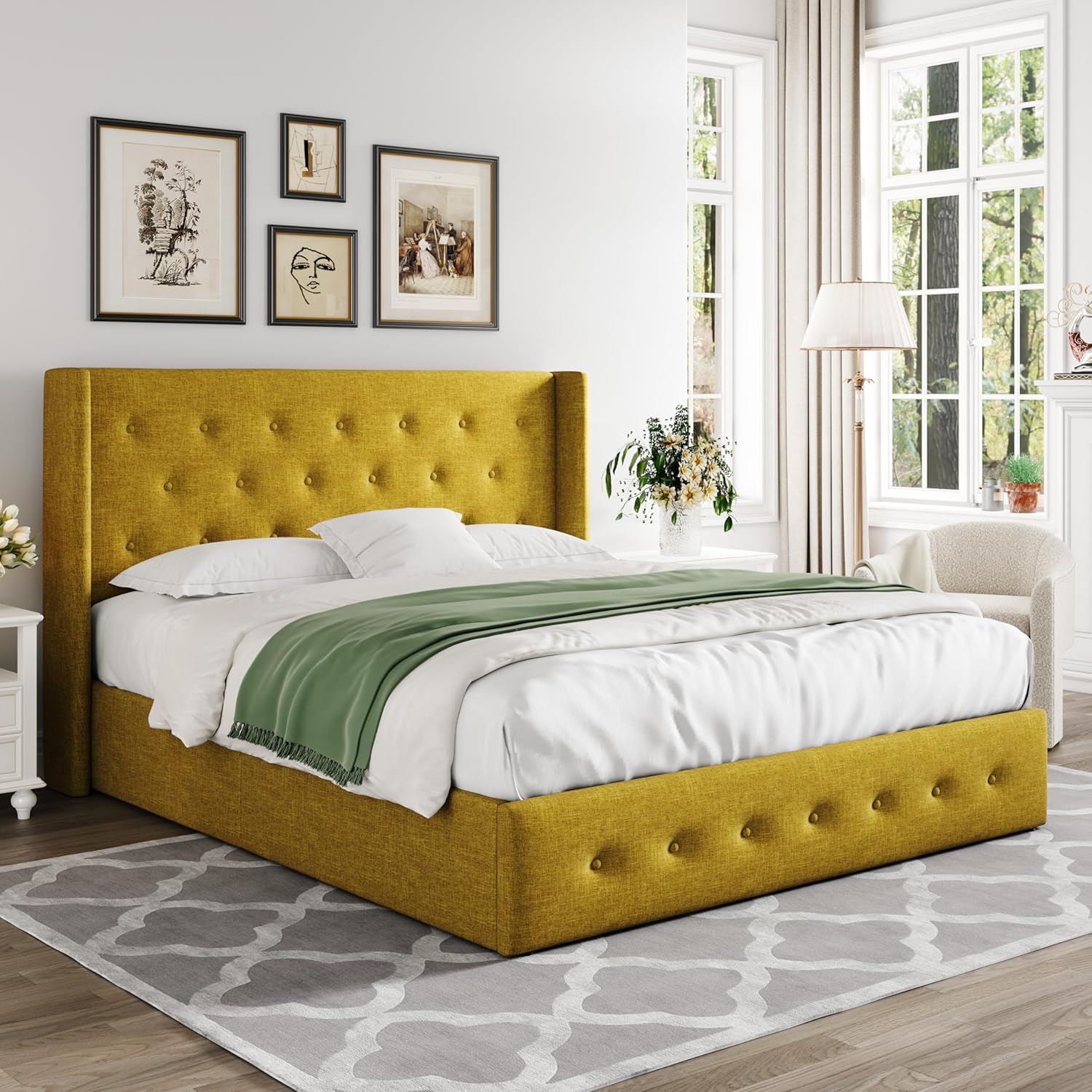 ALLEWIE Queen Size Lift Up Storage Bed with Wingback Headboard