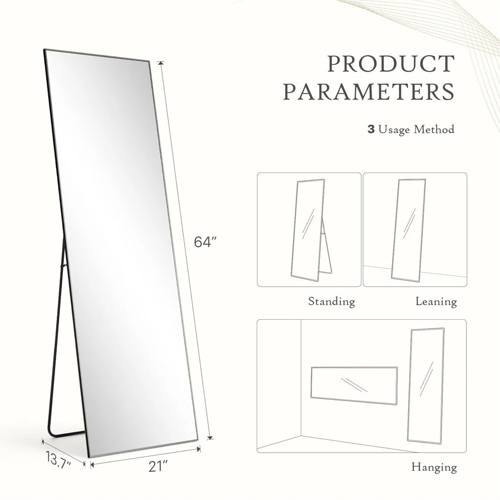 Full Length Mirror with Stand, Floor Mirror with Aluminum Alloy Frame for Bedroom, Standing Full Body Mirror for Wall, Cloakroom