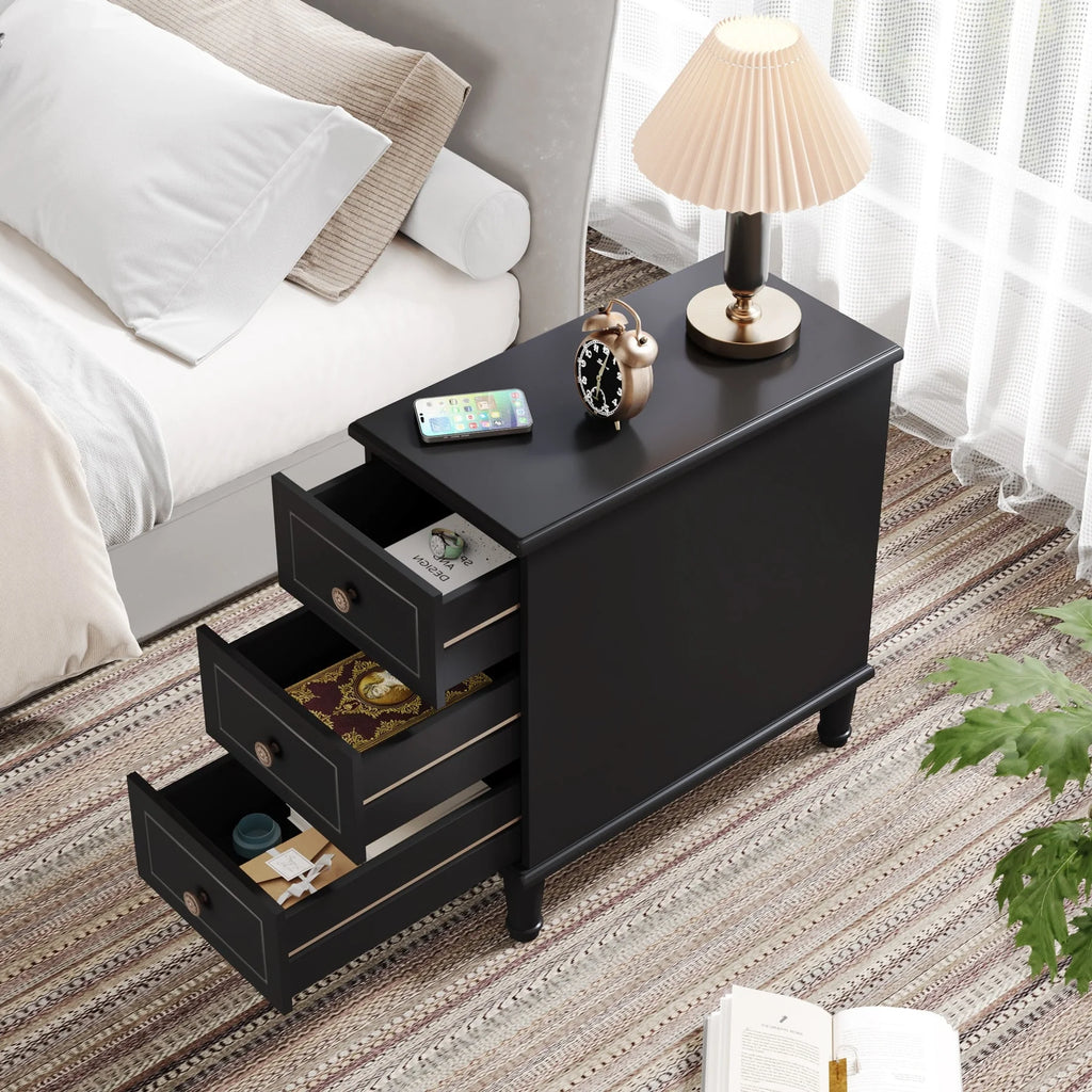 Fully Assembled Narrow End Table, Solid Wood Side Table with 3 Drawers, Vintage Nightstand Slim Bedside Table for Small Spaces