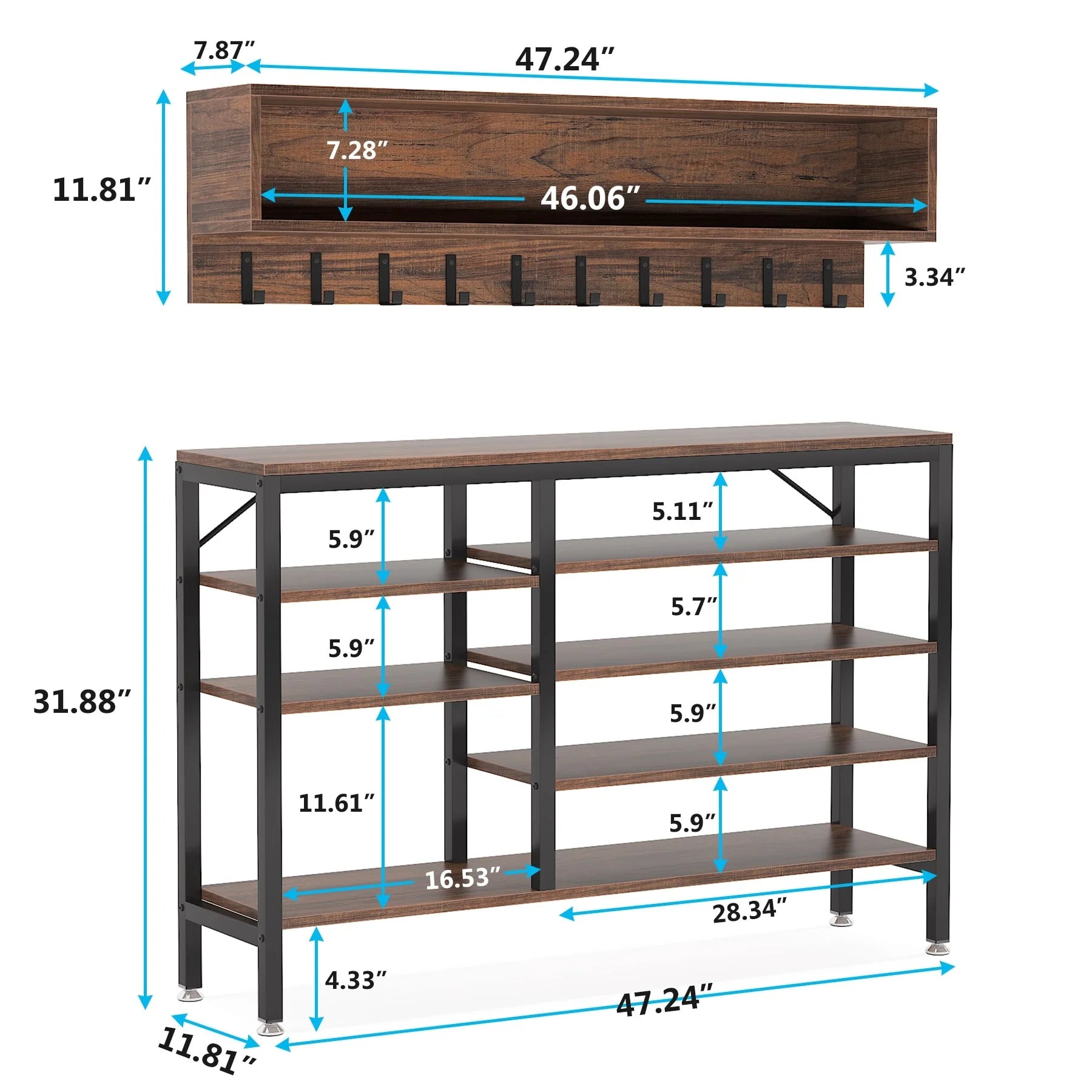 Entryway Coat Rack Shoe Bench Set, Industrial Hall Tree Coat Shoe Rack