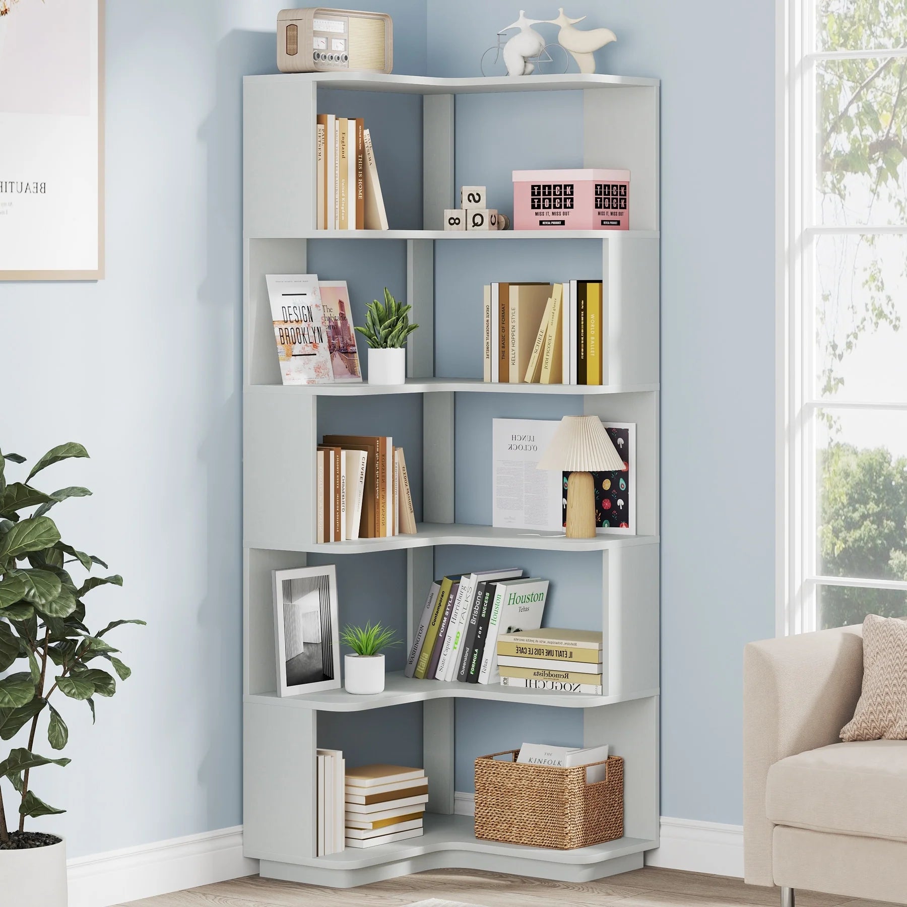 6-Tier Corner Book Shelf, 64.9Tall Freestanding Wood Industrial Bookcase Bookshelf