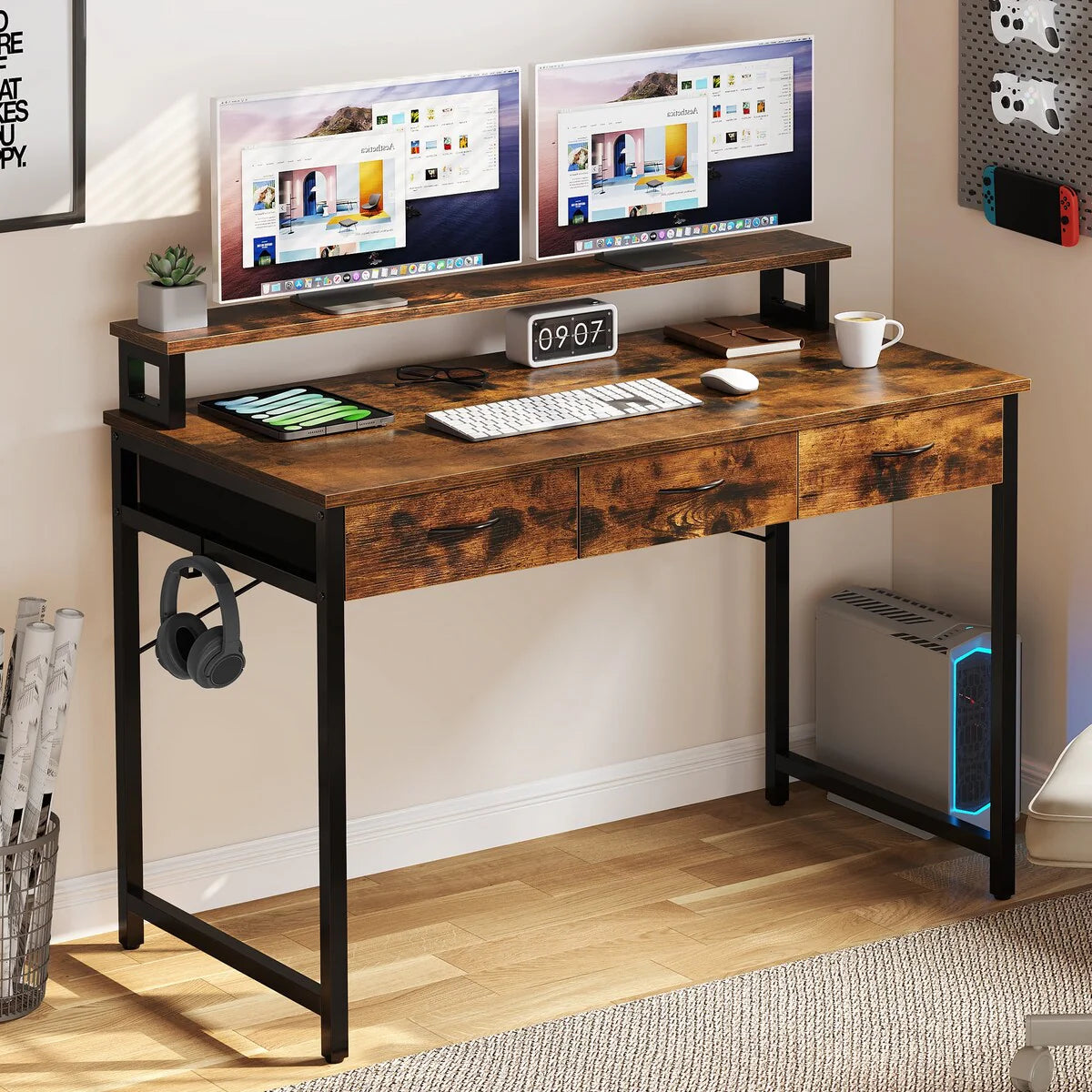 Moasis Small Computer Desk with Fabric Drawers and Monitor Stand