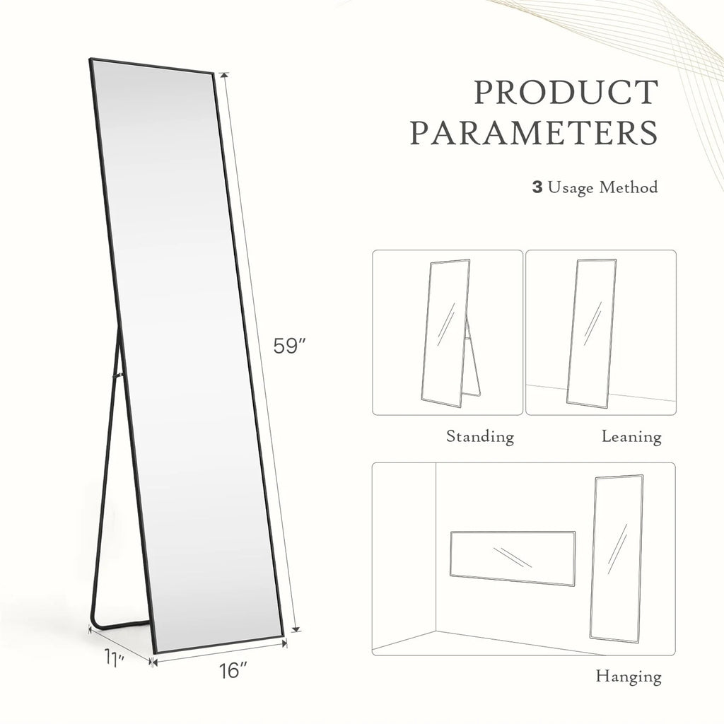 Full Length Mirror with Stand, Floor Mirror with Aluminum Alloy Frame for Bedroom, Standing Full Body Mirror for Wall, Cloakroom