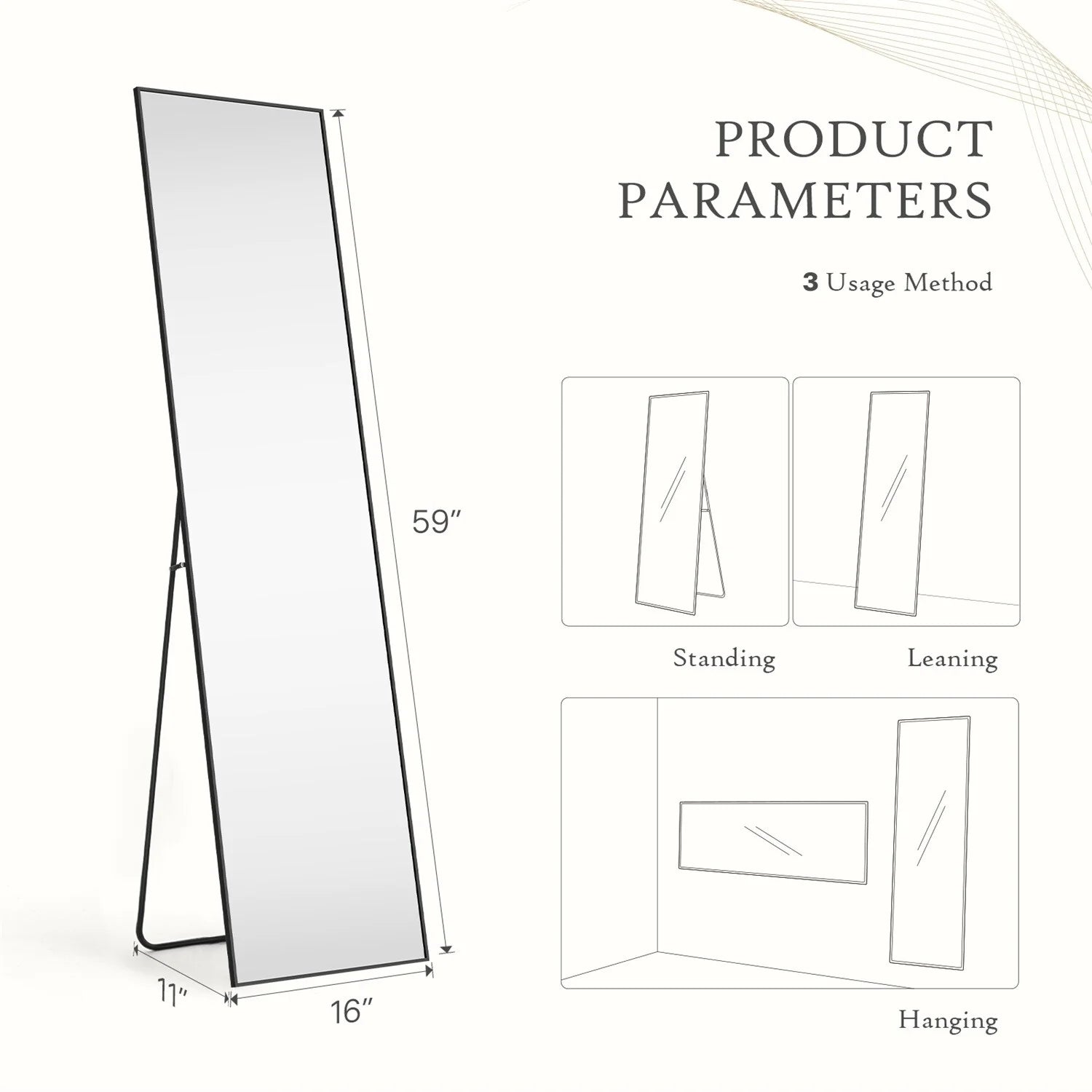 Full Length Mirror with Stand, Floor Mirror with Aluminum Alloy Frame for Bedroom, Standing Full Body Mirror for Wall, Cloakroom