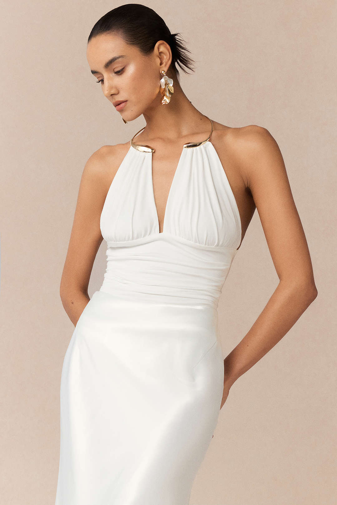 Metallic Decor Halter Neck Ruched Sleeveless Backless Bodysuit