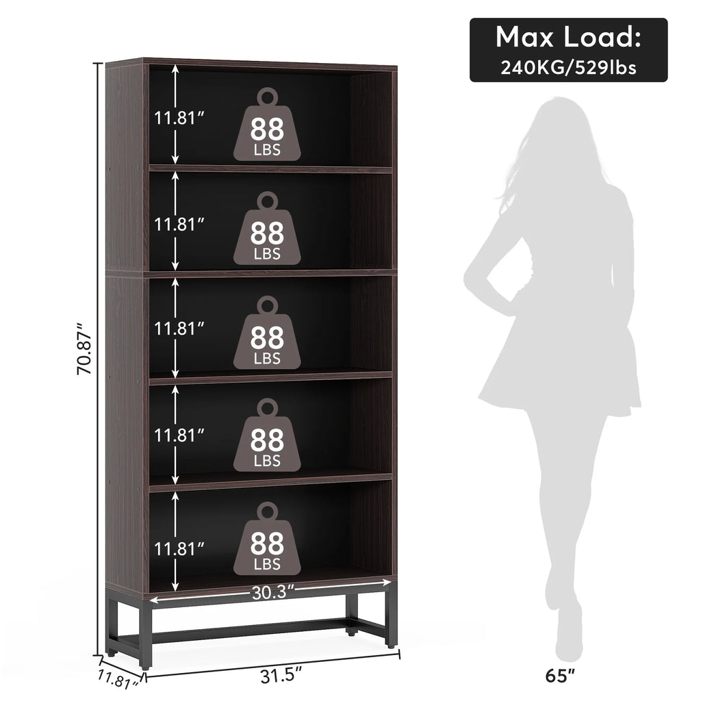 70.8 Inches Tall Bookcase and Bookshelf, 5-Tier Large Bookcases - 11.81D x 31.5W x 70.87H