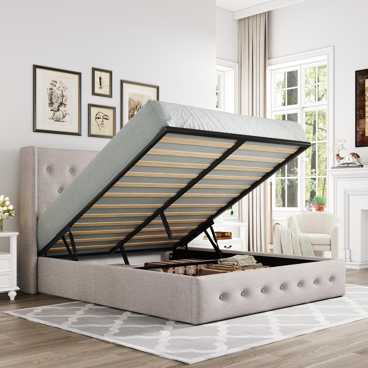 ALLEWIE Queen Size Lift Up Storage Bed with Wingback Headboard