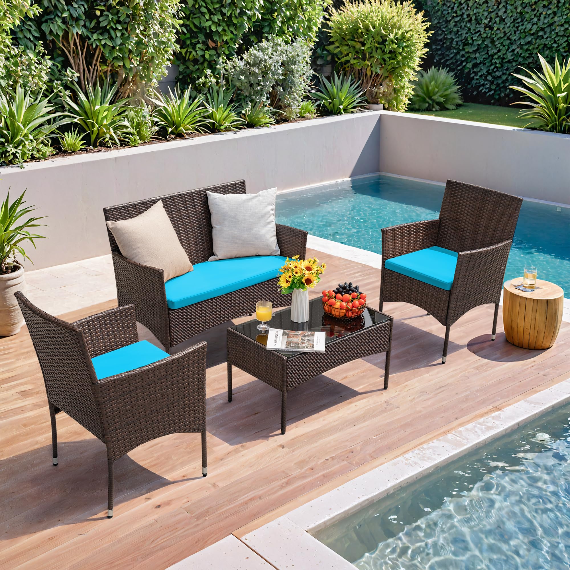 Homall 4 Pieces Outdoor Patio Furniture Sets Rattan Chair Wicker Set