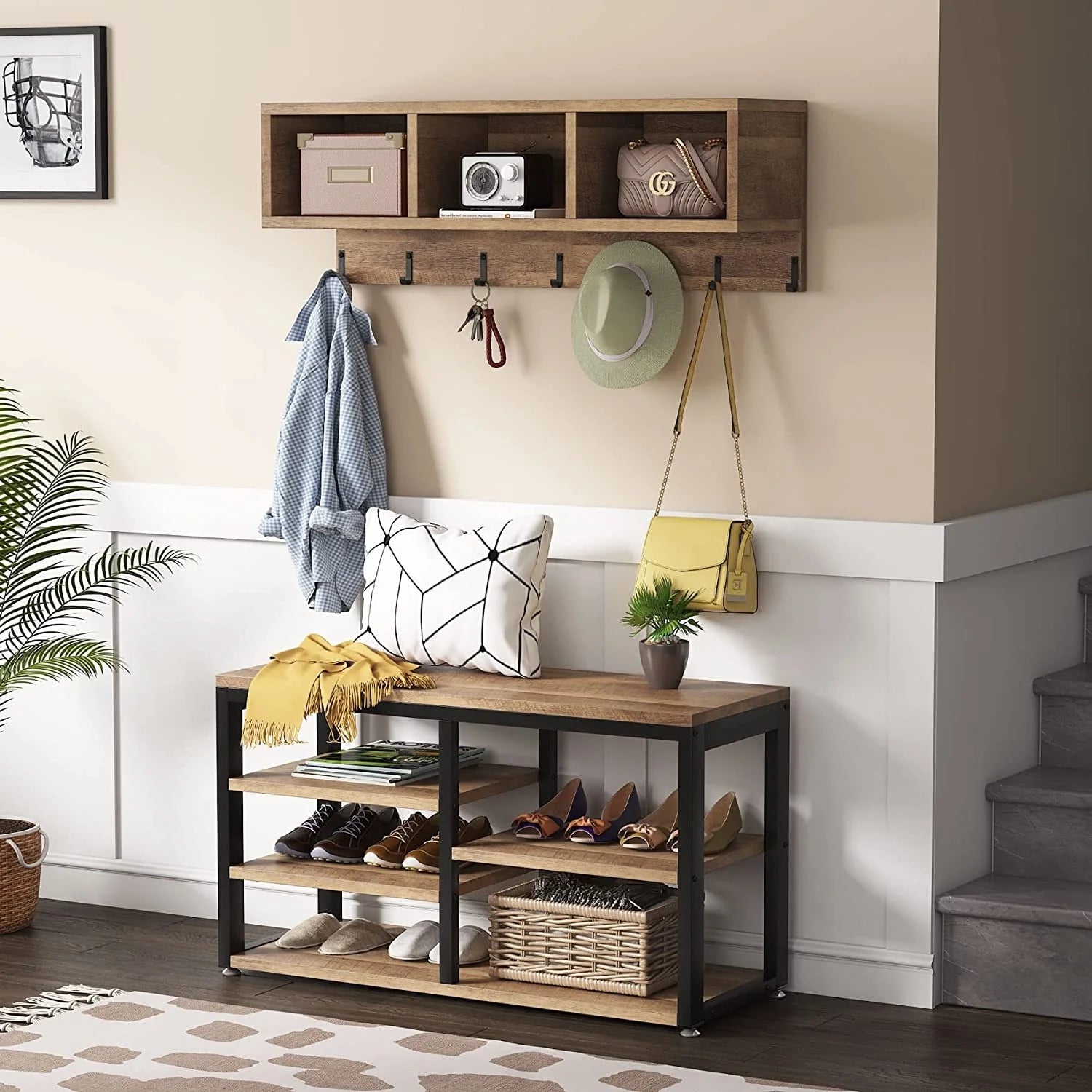 Entryway Coat Rack Shoe Bench Set, Industrial Hall Tree Coat Shoe Rack