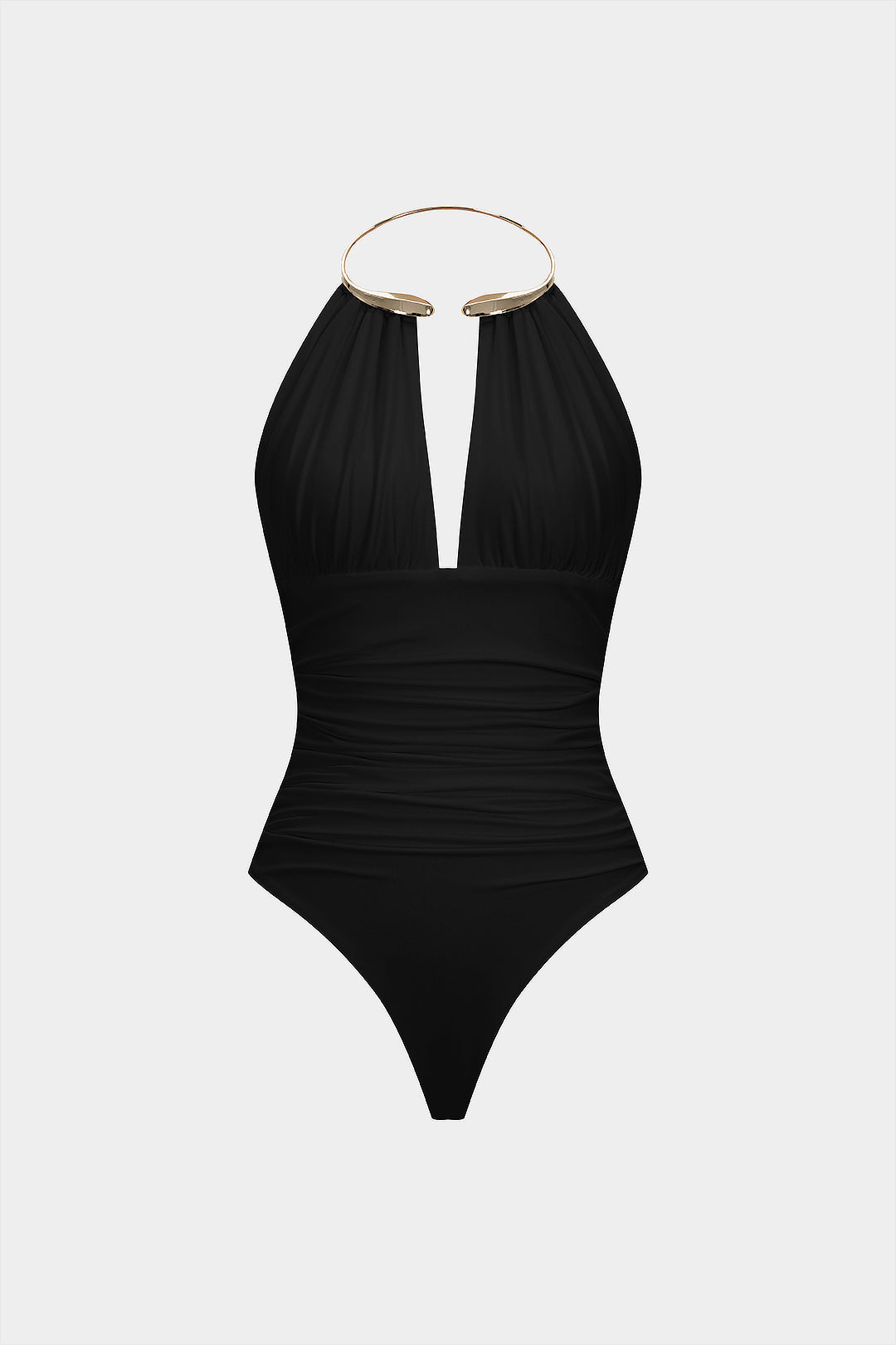 Metallic Decor Halter Neck Ruched Sleeveless Backless Bodysuit