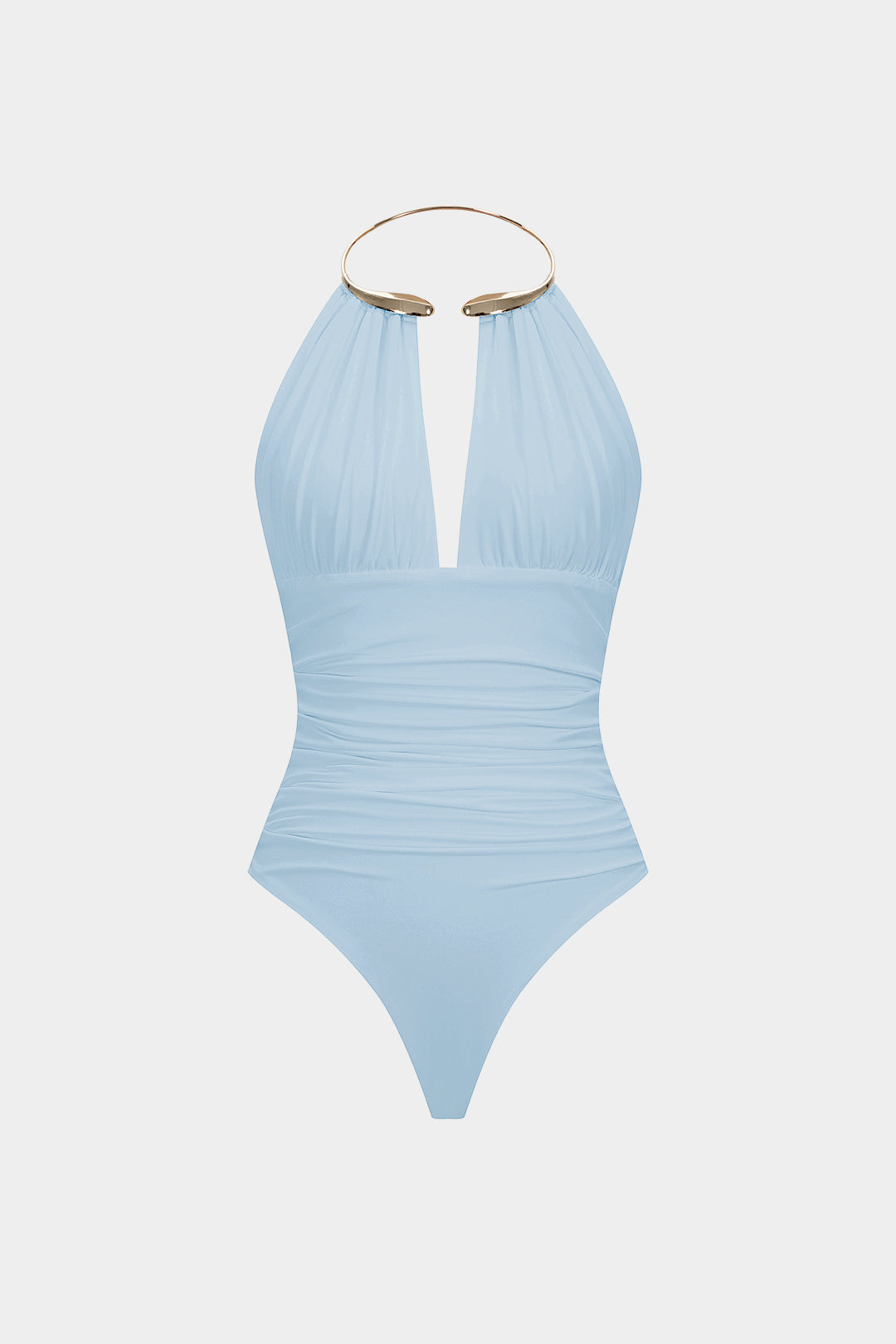 Metallic Decor Halter Neck Ruched Sleeveless Backless Bodysuit