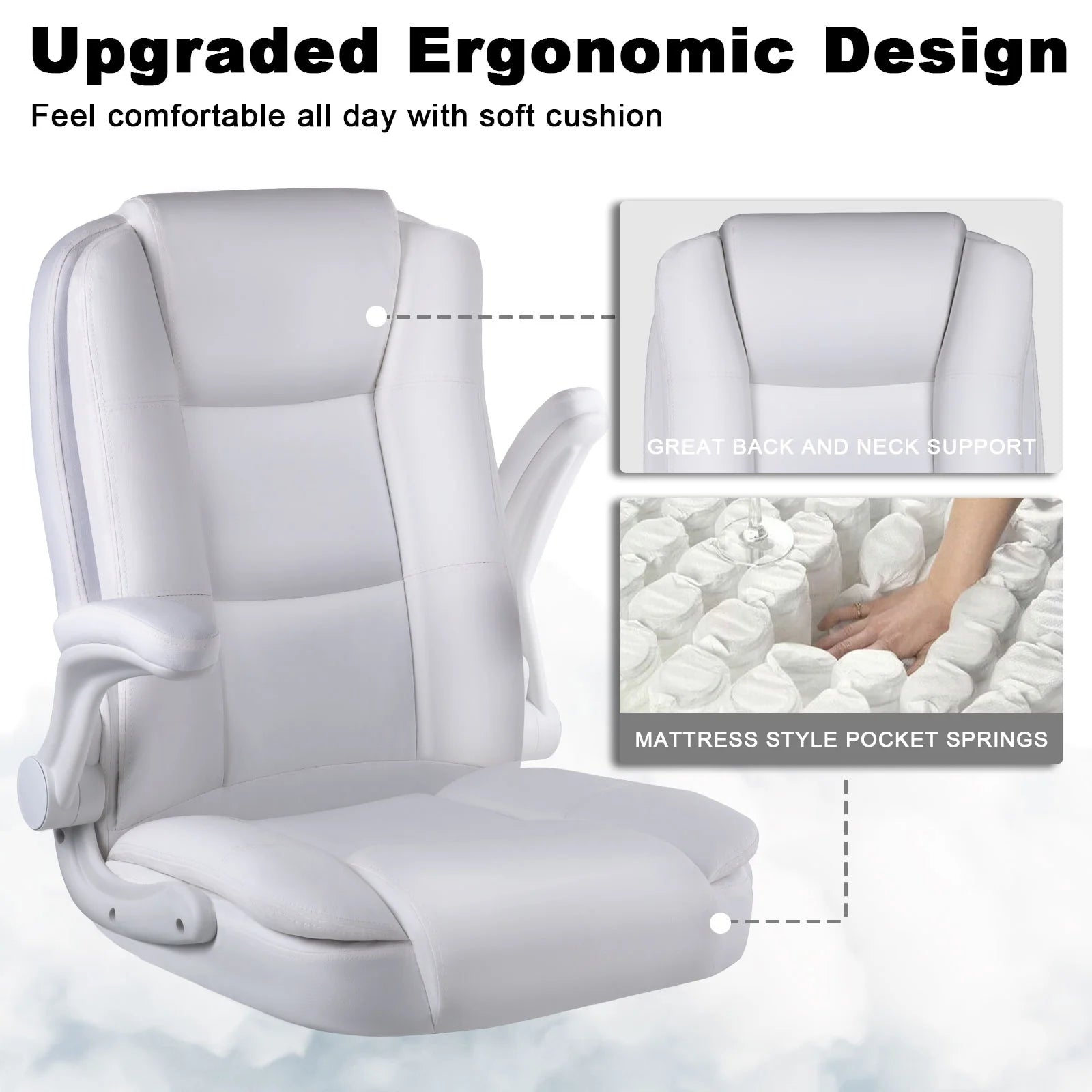 BOSSIN Big and Tall Office Chair Ergonomic High Back Computer Adjustable Height Leather Executive Chair with Padded Flip-up Arms
