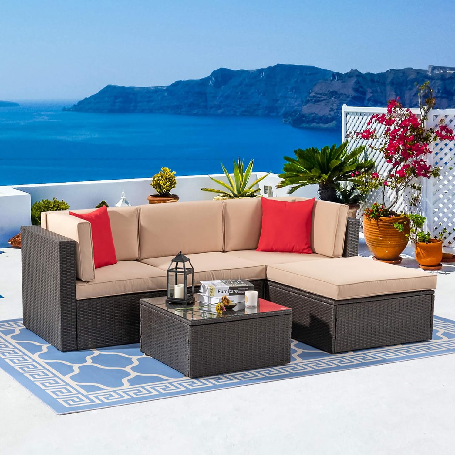 VONGRASIG 5 Piece All-Weather Patio Furniture Set with Ottoman