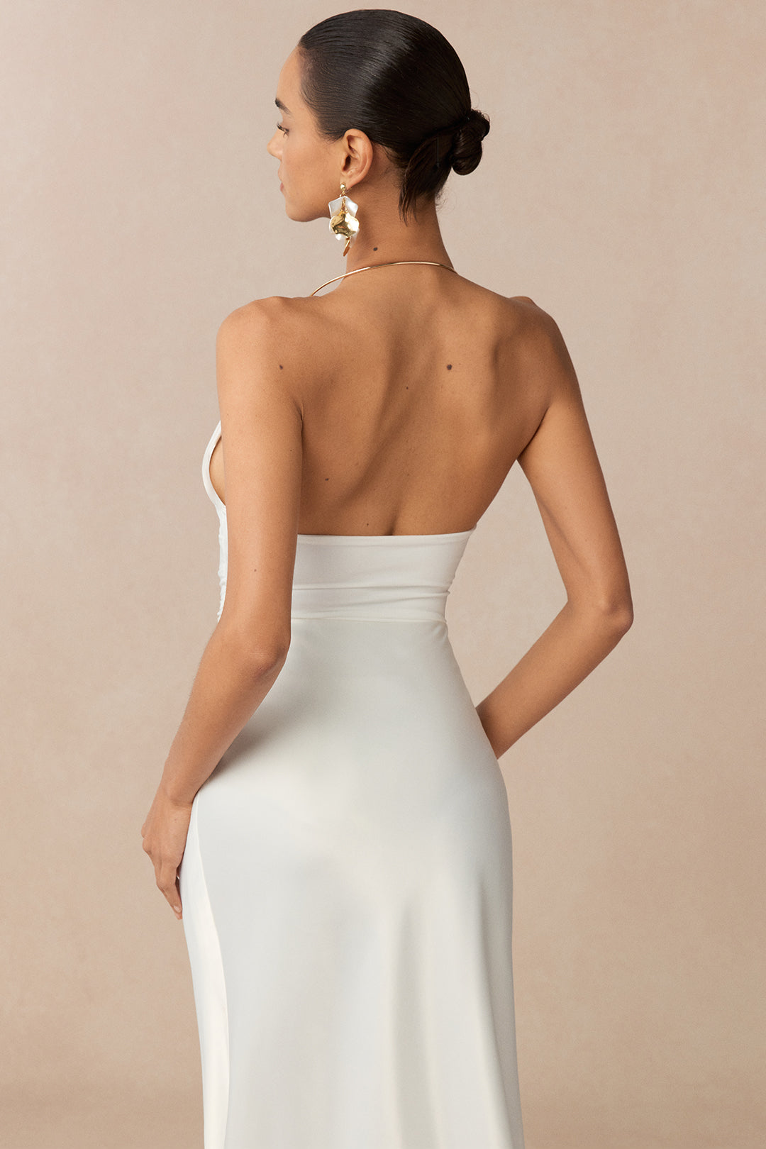 Metallic Decor Halter Neck Ruched Sleeveless Backless Bodysuit