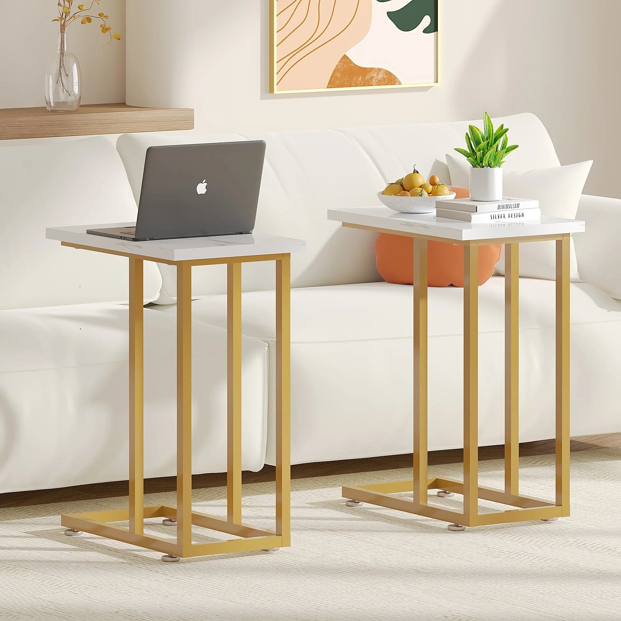 Javlergo Set of 2 C-Shaped Sofa Side Table, Small End Table for Living Room, Narrow Bedside/TV Tray Table