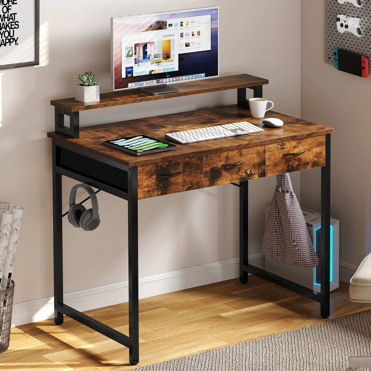 Moasis Small Computer Desk with Fabric Drawers and Monitor Stand
