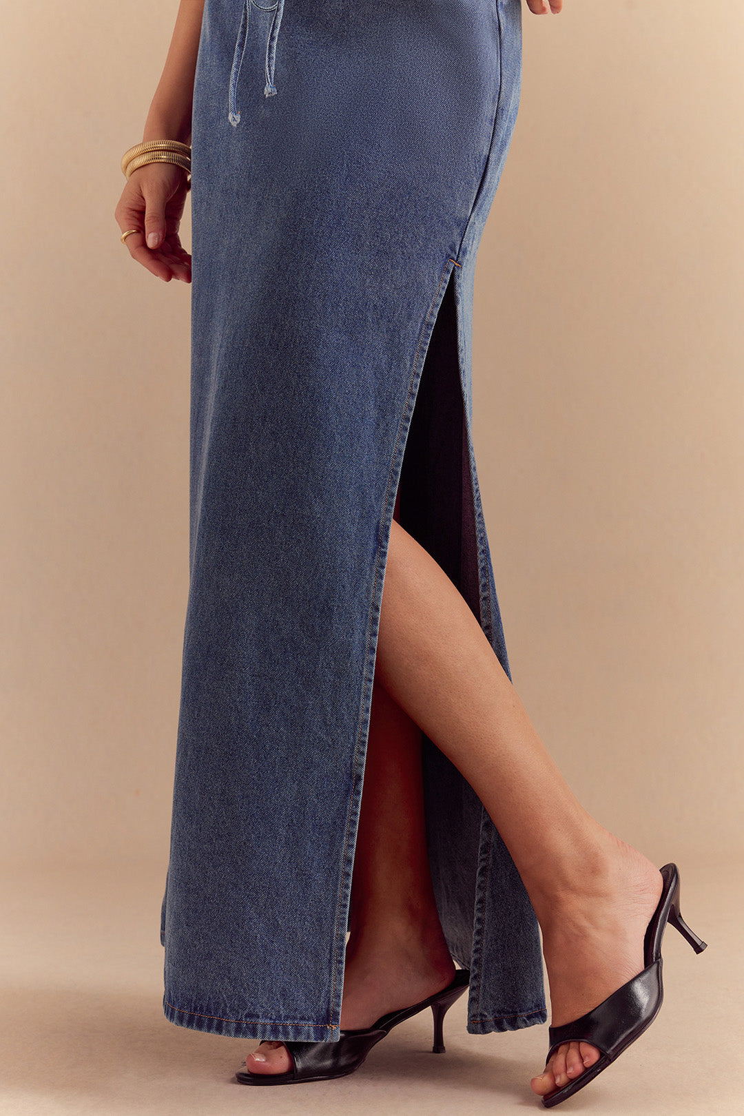 Denim Belted High Slit Skirt