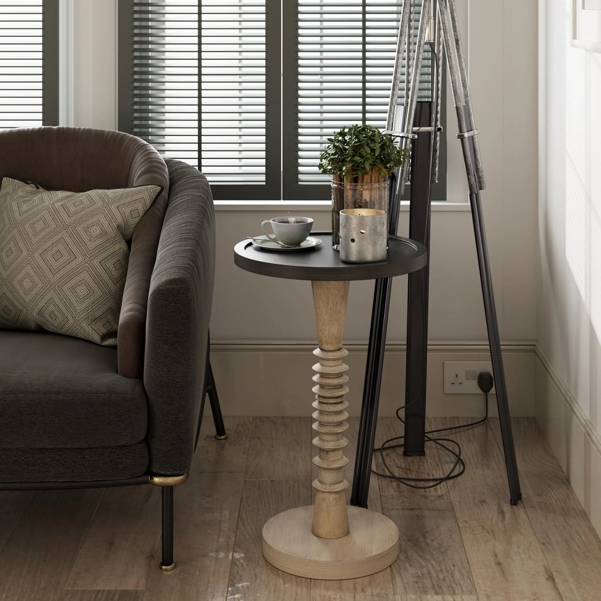 COZAYH Pedestal Small Drinking Table, Farmhouse Tray Top End Table, Distressed Finish, Traditional