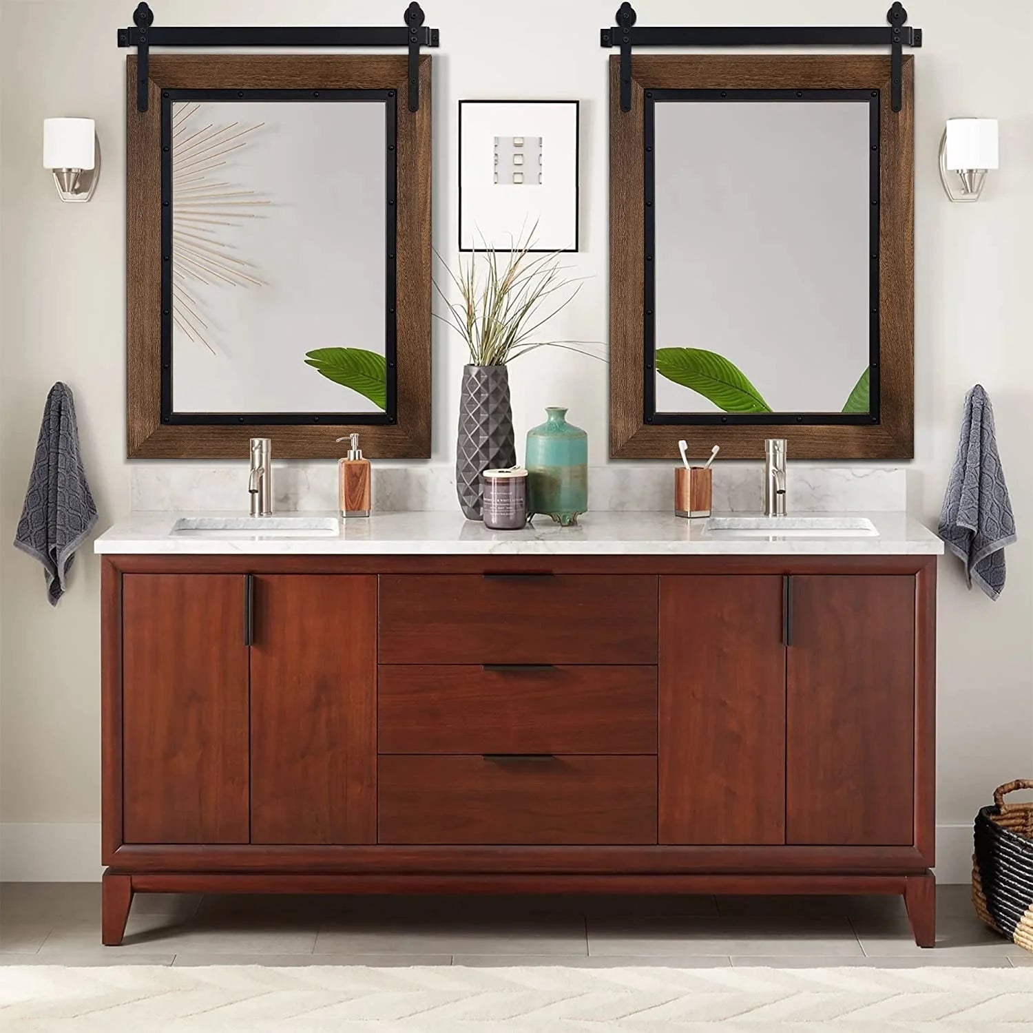 Farmhouse Barn Door Style Natural Wood Bathroom Vanity Wall Mirror