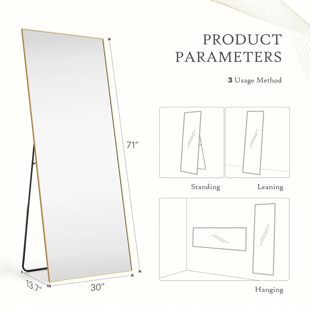 Full Length Mirror with Stand, Floor Mirror with Aluminum Alloy Frame for Bedroom, Standing Full Body Mirror for Wall, Cloakroom