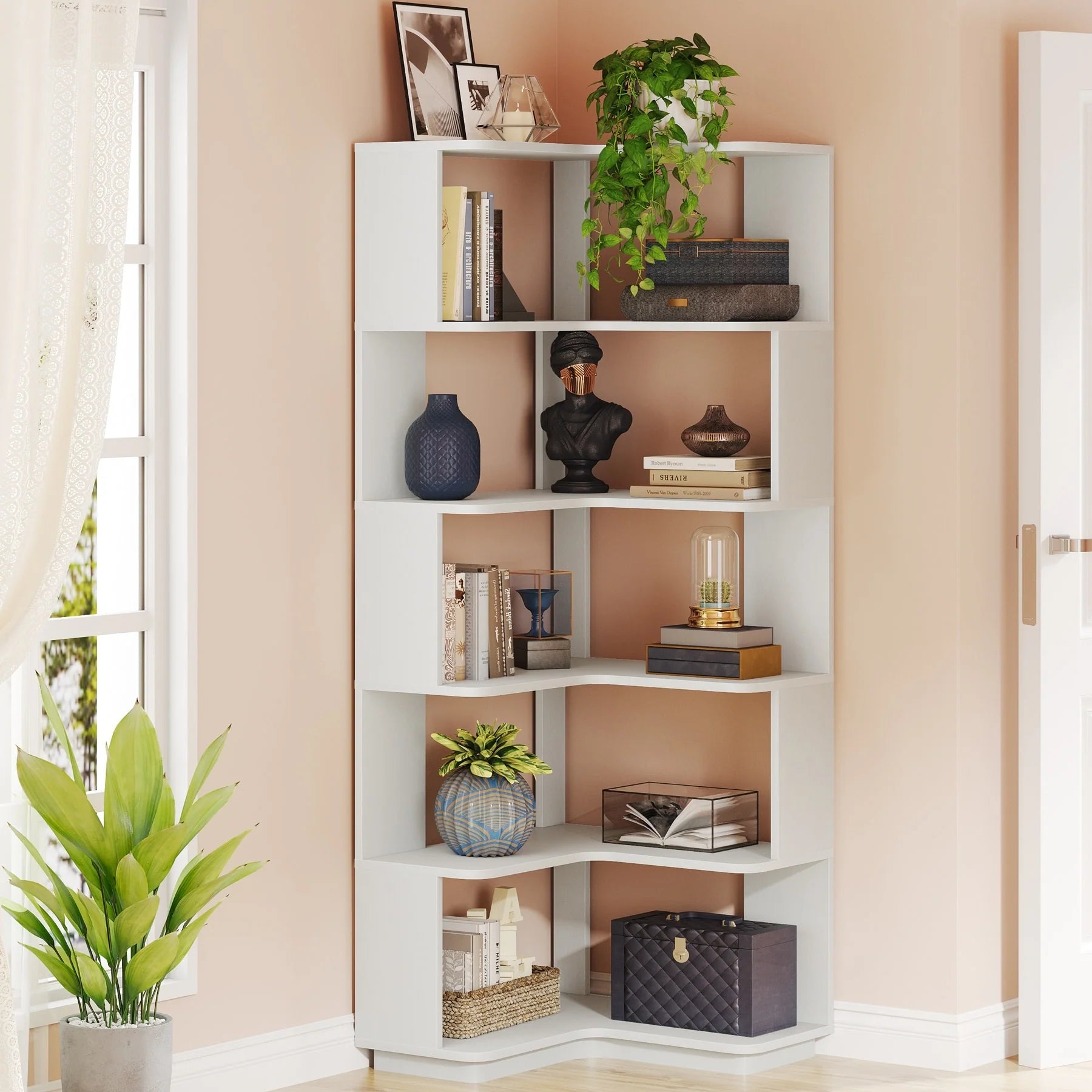 6-Tier Corner Book Shelf, 64.9Tall Freestanding Wood Industrial Bookcase Bookshelf