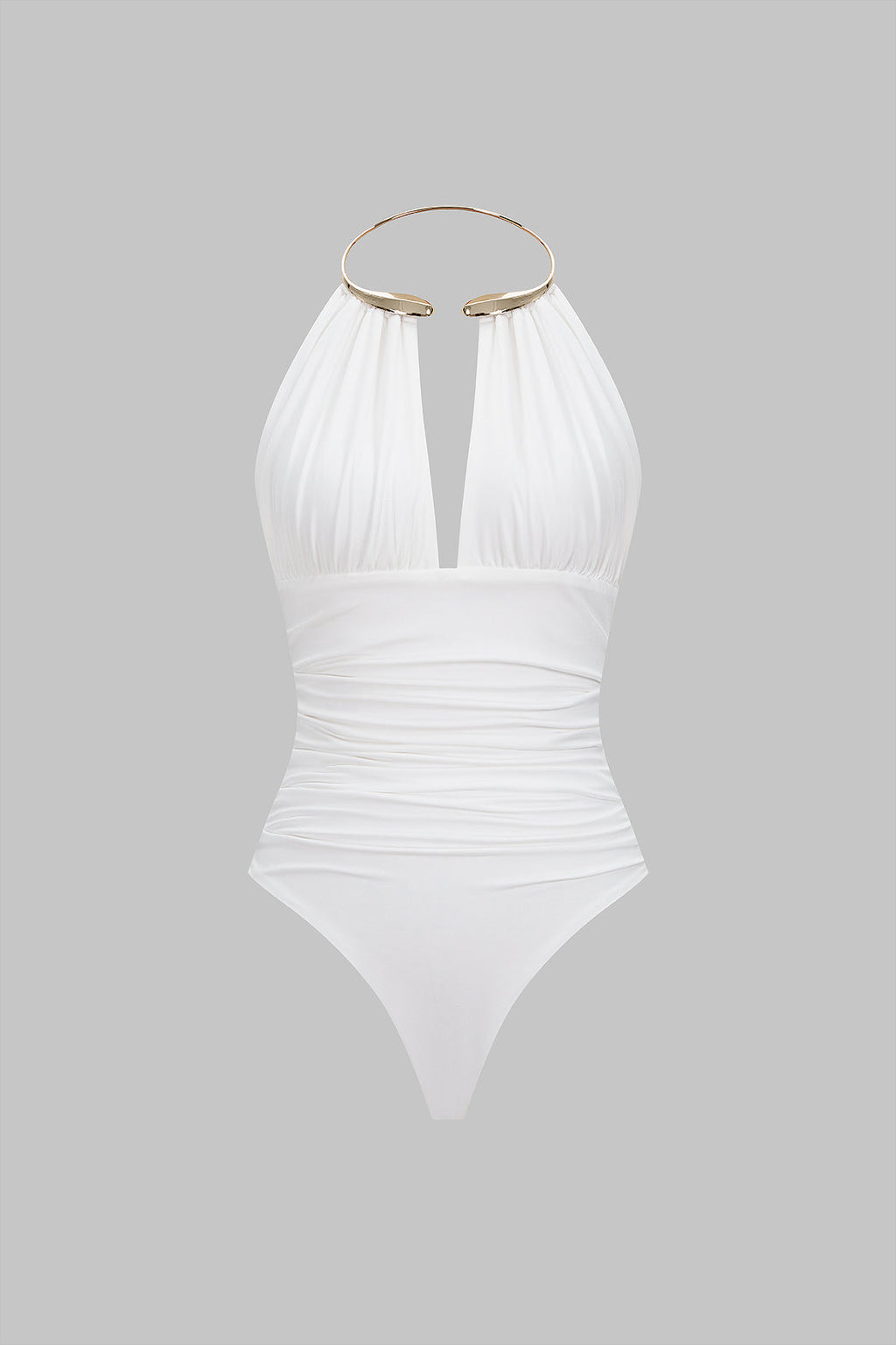 Metallic Decor Halter Neck Ruched Sleeveless Backless Bodysuit