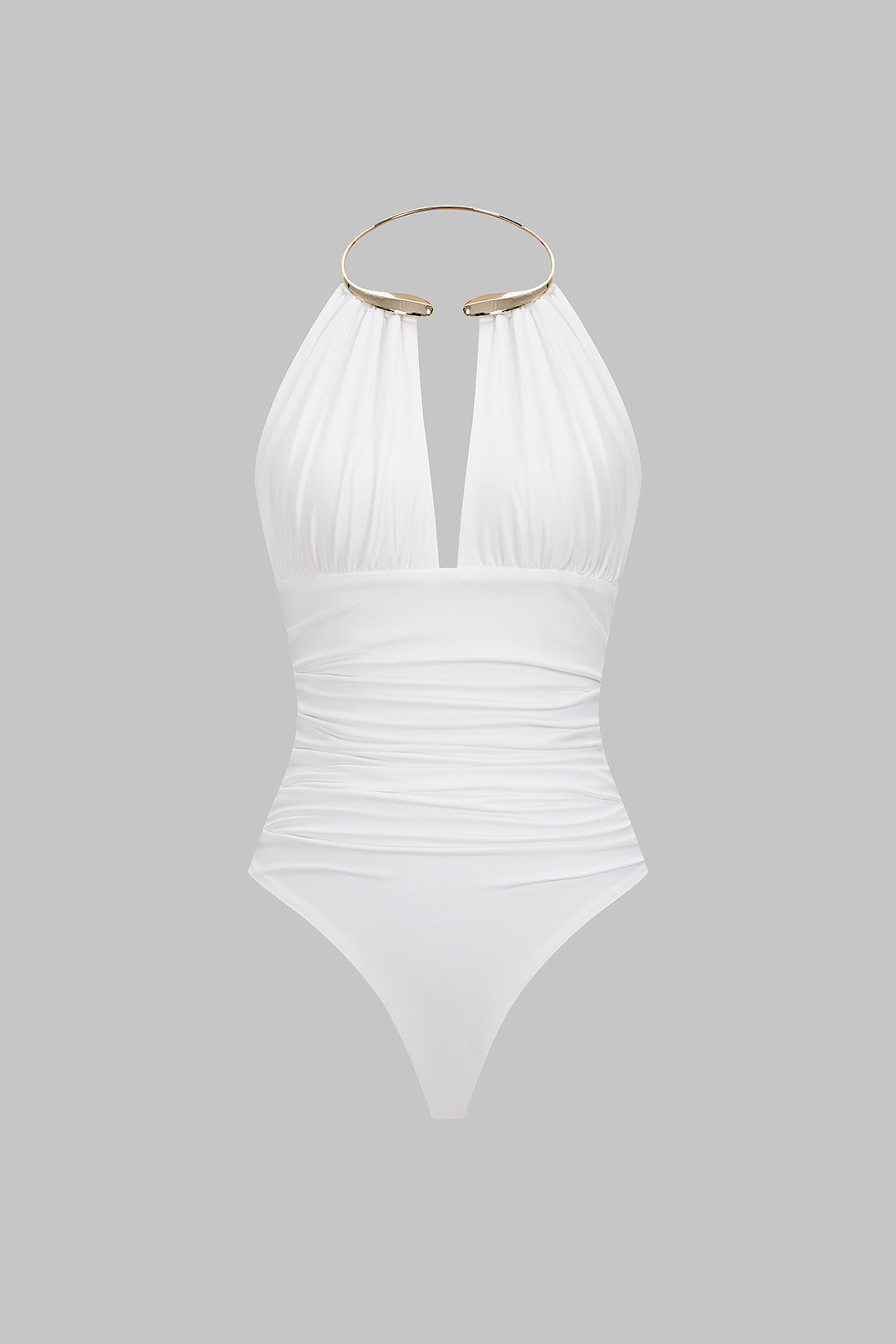Metallic Decor Halter Neck Ruched Sleeveless Backless Bodysuit