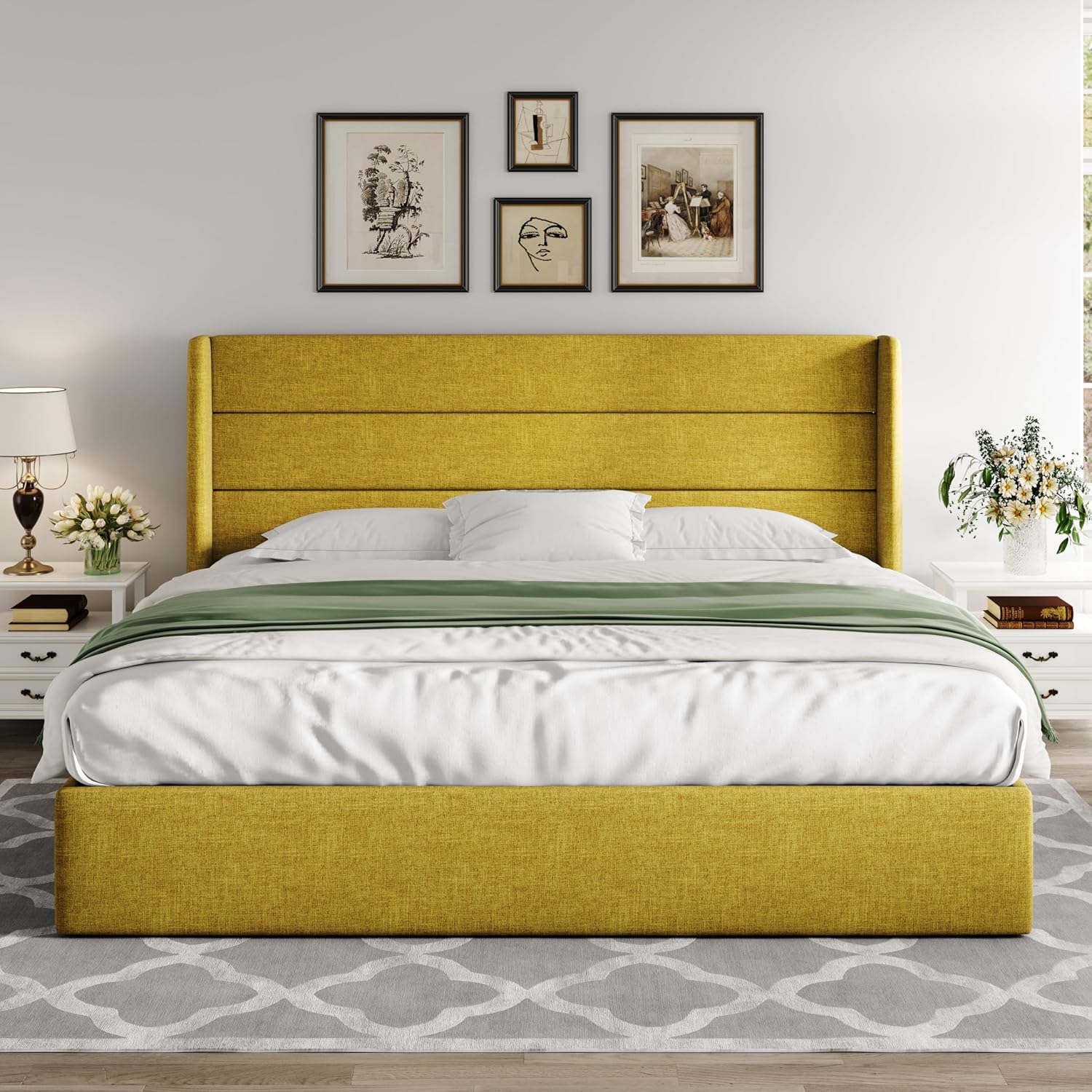 ALLEWIE Queen Size Lift Up Storage Bed with Wingback Headboard